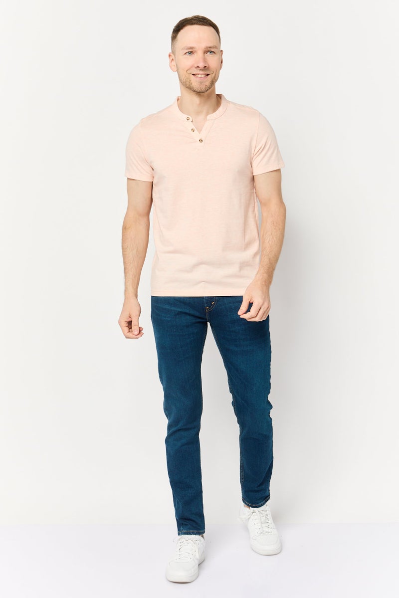 Celio Men Band Neck Short Sleeve Solid T Shirt, Peach - Image 2